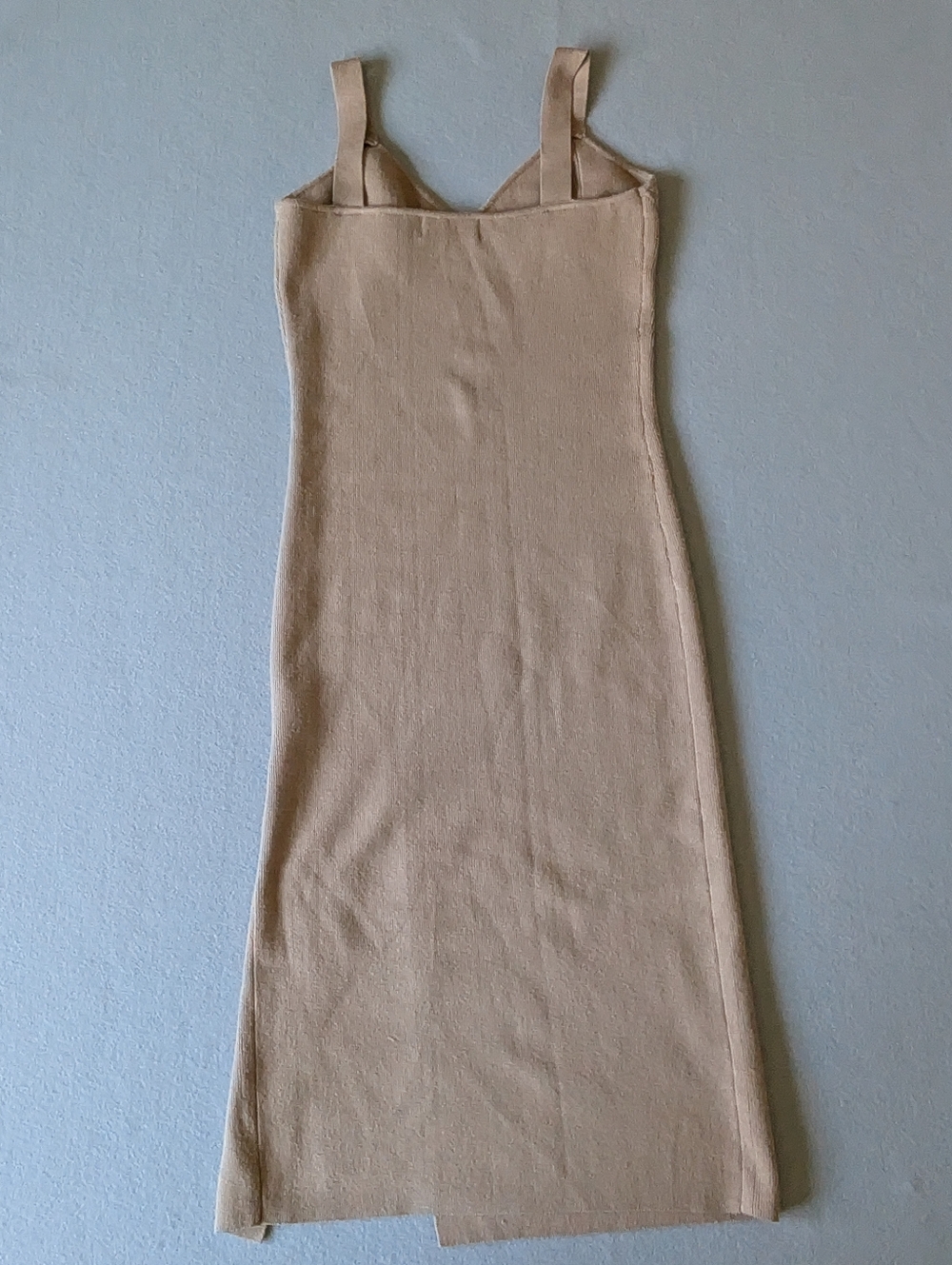 Tan Beige Midi Dress Sweater Bodycon Slit Sz M Minimal Glam Neutral Quiet Luxury image 2
